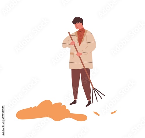 Man raking heap of autumn leaves use rake vector flat illustration. Male sweeping fall dry yellow foliage tidying outdoor area isolated on white. Guy in warm outerwear doing seasonal work