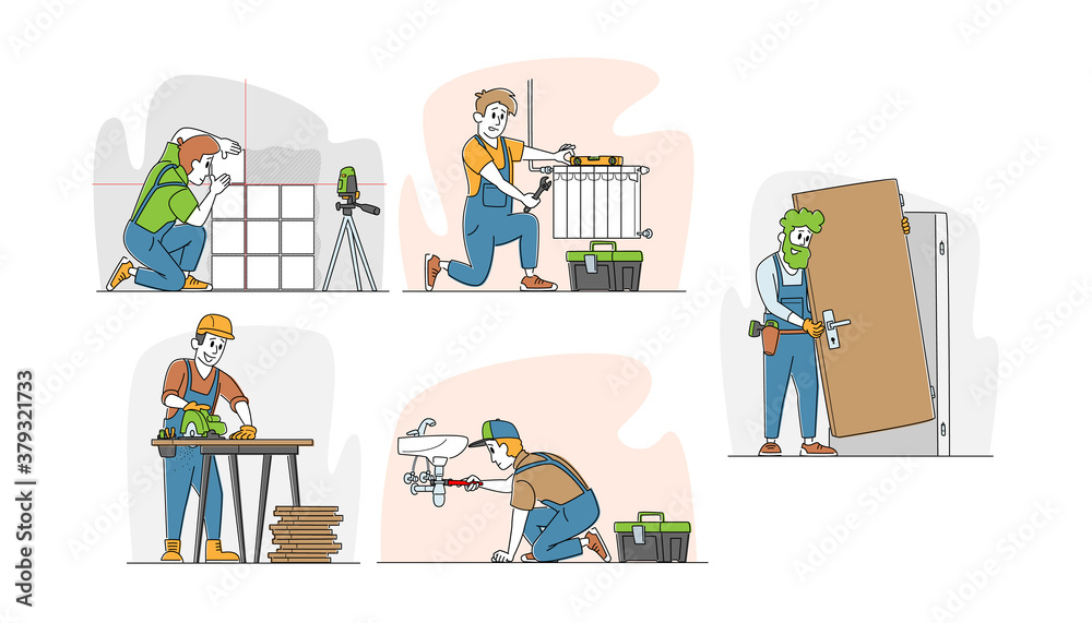 Set of Handyman Service Works, Men Installing Door, Set Up Heating System Pipes, Laying Tiles on Wall, Fixing Leakage