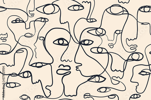 Continuous line, drawing of faces, fashion minimalist concept, vector illustration. Modern fashionable pattern.