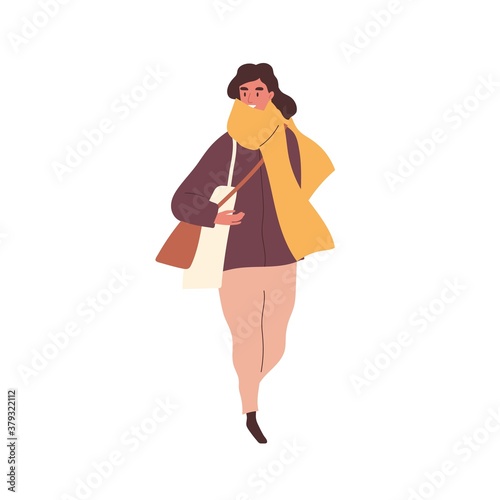 Trendy woman in scarf carrying bags walking outdoor vector flat illustration. Female with shopping bag going on street isolated on white. Stylish person in seasonal autumn outfit holding purchase