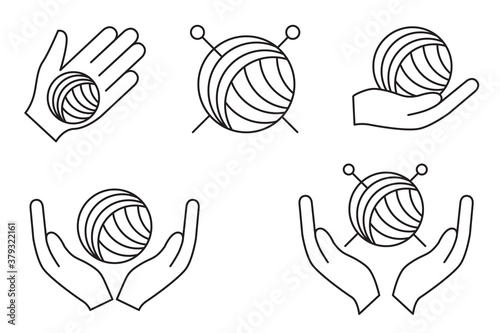 Set icons of handmade. Ball of thread. Concept of handmade. Symbol of knitting. Vector line illustration isolated on white background. 