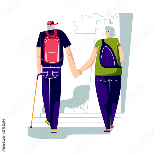 Senior couple travel. Elder active man and woman with backpacks walking city