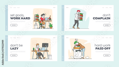 Tired Workers in Office Landing Page Template Set. Business Characters Sleep on Workplace. Laziness, Emotional Burnout