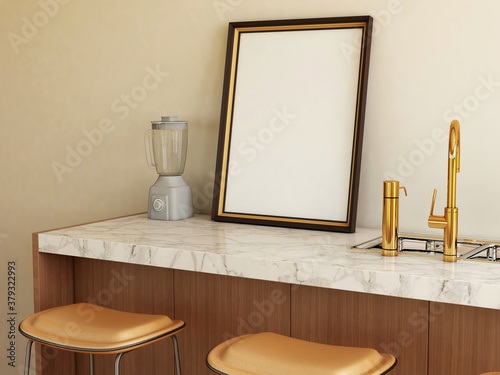 Blank Photo Frame Realistic Mockup on The Desk. 3D Rendering, 3D illustration. © hasanstudio