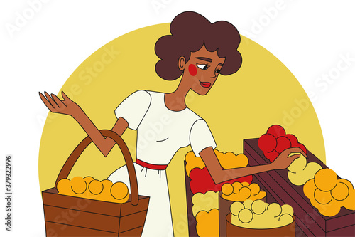 Shopping, food, choice concept. Young happy smiling african american woman consumer cartoon chararacter with basket choosing vegan fruits vegetables at grocery store. Healthy lifestyle and consumerism