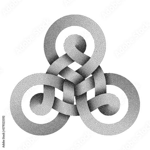 Stippled triquetra knot sign made of two interwoven stripes. Vector illustration.