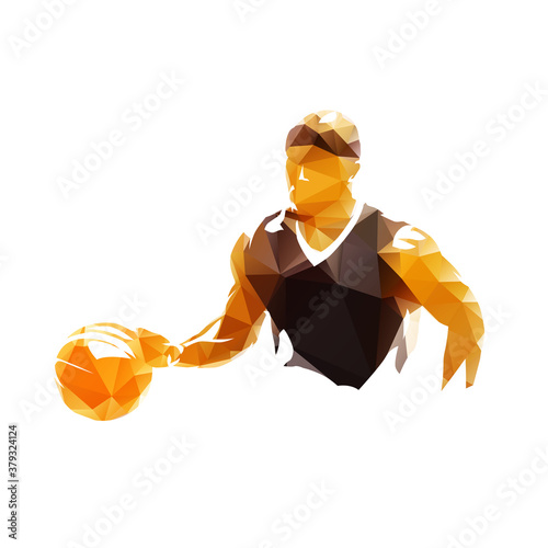 Basketball player running with ball, dribbling. Isolated low polygonal vector illustration, front view. Basketball point guard geometric illustration