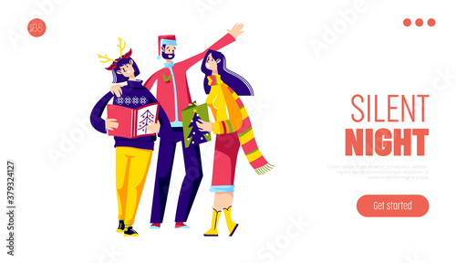 Caroling for christmas landing page template with singers performing traditional carols