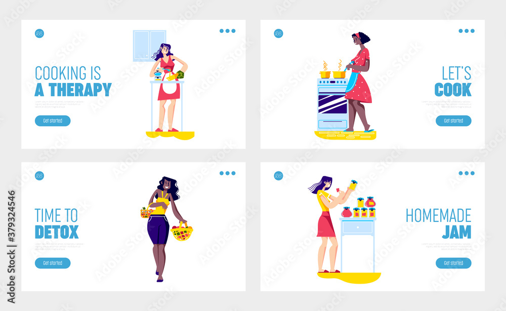 Cooking women housewife set of landing pages with cartoon female preparing food