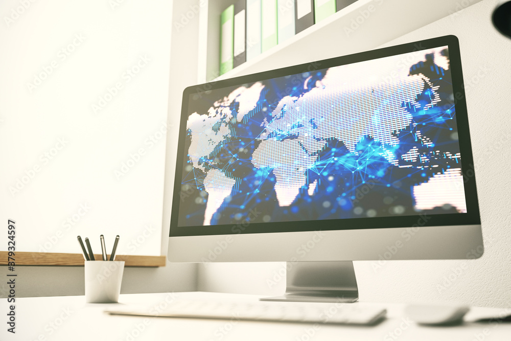 Modern computer screen with abstract creative digital world map, research and analytics concept. 3D Rendering Modern computer screen with abstract creative digital world map, research and analytics concept. 3D Rendering