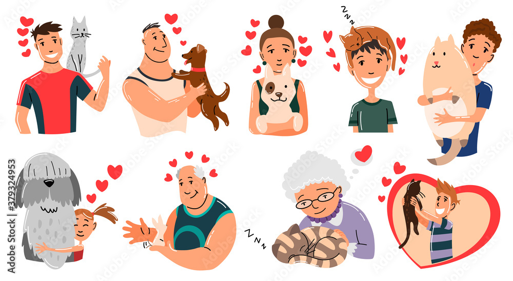 Fototapeta premium People and pets. Cat, dog and rabbit pet owner characters. Man and womans holding on hands his animals. Peoples love his animals. Cute and adorable domestic animals