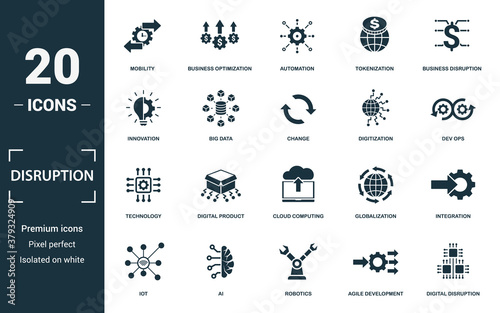 Disruption icon set. Monochrome sign collection with innovation, big data, change, digitization and over icons. Disruption elements set.
