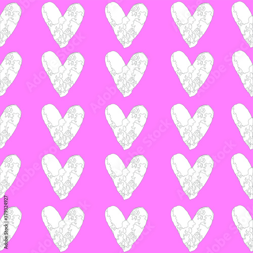 Cartoon black and white hearts seamless pattern template. Vector illustration on bright pink background for games, background, pattern, decor. Print for fabrics and other surfaces.Coloring paper, page