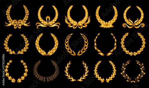 Golden laurel wreath. Collection of different black circular laurel, olive, wheat wreaths depicting an award, achievement, heraldry, nobility. Vector premium insignia, traditional victory symbol