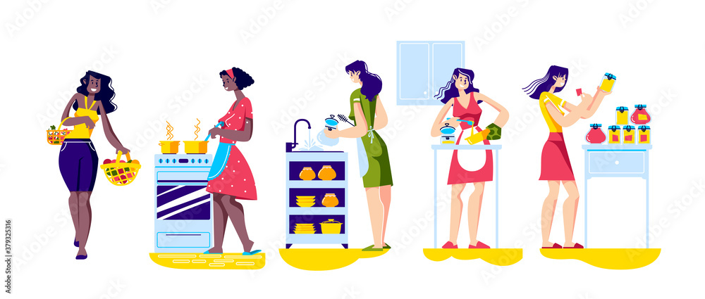 Set of women housewife doing housework in kitchen isolated on white background