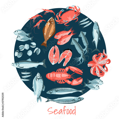 Marine food in circular shape. Organic natural healthy nutritious fresh seafood. Fish market, store, seafood products, packaging, restaurant menu design cartoon vector illustration