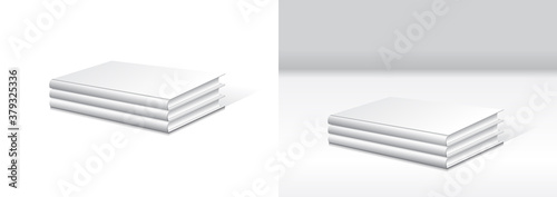 Set of stacking blank white hardcover book mockup template. Isolated on white background and gray background with shadow. Ready to use for your business. Vector illustration.