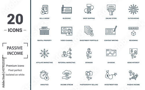 Passive Income icon set. Monochrome sign collection with sell e-book, blogging, drop shipping, online store and over icons. Passive Income elements set.