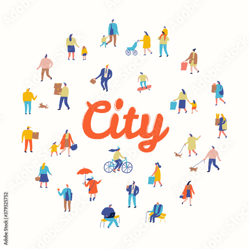 City flat vector. People crowd. Male and female flat characters isolated on white background.	