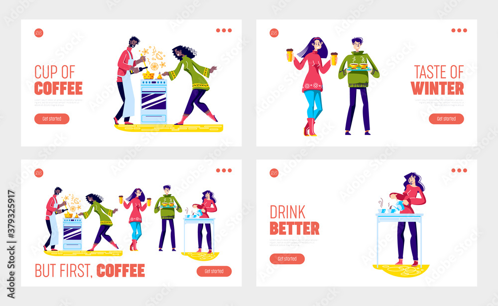People drinking coffee and hot drinks, template landing pages set for web design