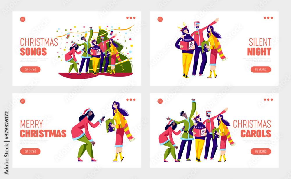 Set of landing pages with people singing christmas carols for xmas eve celebration Set of landing pages with people singing christmas carols for xmas eve celebration