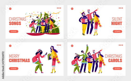 Set of landing pages with people singing christmas carols for xmas eve celebration