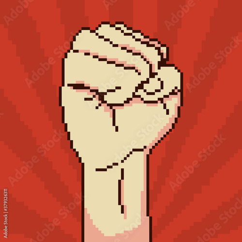 Pixel art demonstration, revolution, protest raised arm fist. Pixel fist. 8 bit. 
