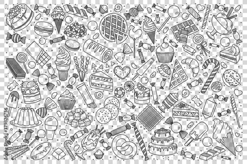 Sweets doodle set. Collection of hand drawn sketches templates of different delicious food desserts candies cake pie honey and lollipops. Unhealthy nutrition and lifestyle illustration.