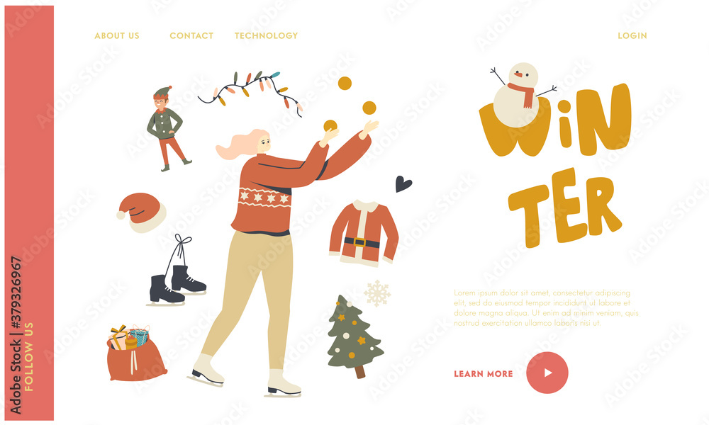 Christmas Vacation Spare Time on Ice Rink Landing Page Template. Happy Woman Skating Outdoors and Juggling in Park