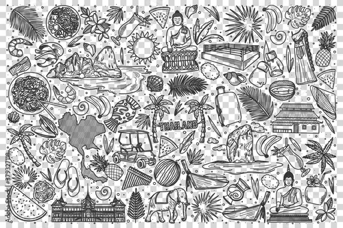 Thailand doodle set. Collection of hand drawn sketches templates of thai culture architecture and national cuisine on transparent background. South eastern country tratidions illustration.