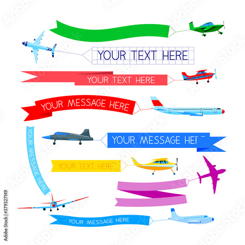 Set of Planes with Banners. Airplanes or Aircraft with Blank Message Advertisement and Text Template for Ad, Airliners