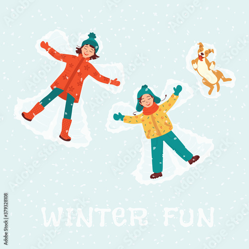 Laughing children and a dog make a snow angel. Happy childhood with a pet. Concept of winter outdoor activities, fun, holidays. Template for New Year's Christmas card, invitation. Vector illustration
