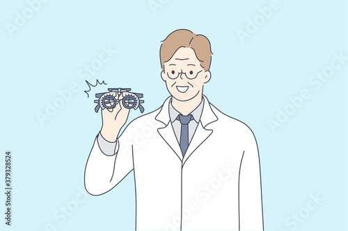 Health, care, medicine, optics, vision concept. Old happy smiling man doctor cartoon character holding optometrist eyeglasses. Medical examination support and help for saving eyesight illustration.