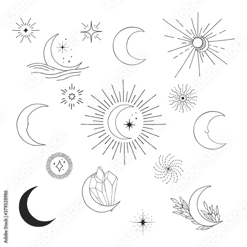 Hand drawn half moon set. Space icons, stars, starburst. Celestial design doodle.