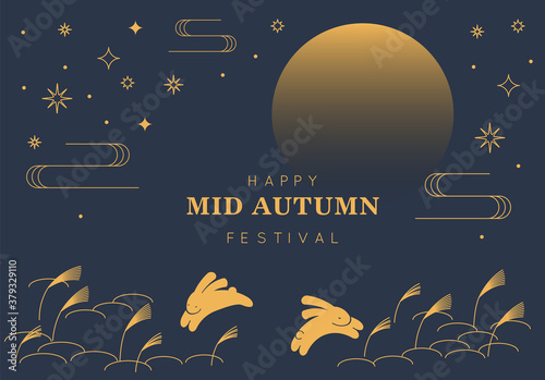 Moon Cake Mid Autumn Festival Chuseok Day Orientals Rabbit and Moon Background Vector