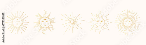 Set of golden mystic and celestial suns with faces. Vector space illustration in boho style. Gold sunbursts.