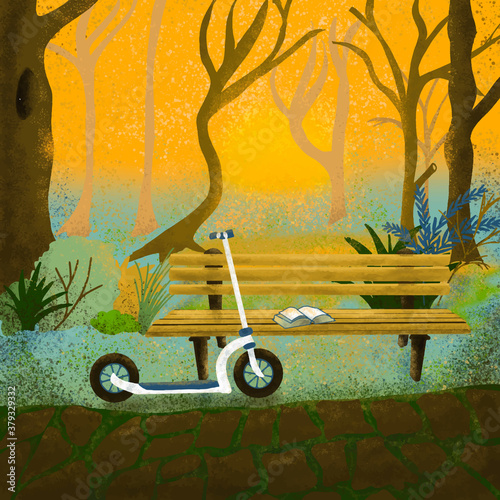 a lone scooter near a park bench