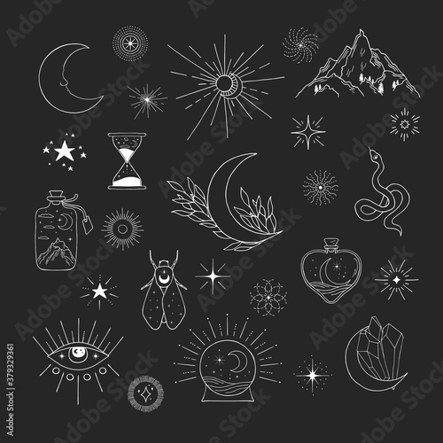 Hand drawn mystic astrology doodle. Stars, snake, moth, esoteric icons, starburst, cresent moon. Celestial design set.