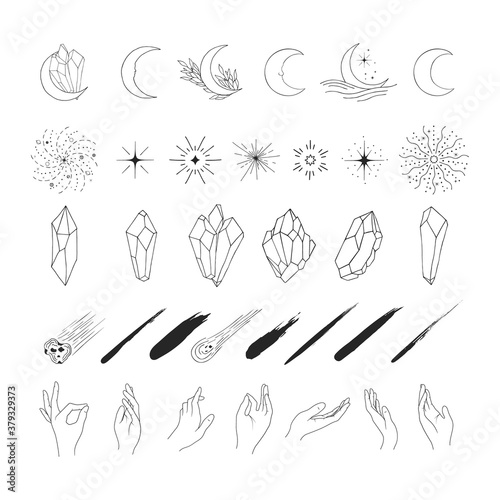 Hand drawn mystic elements. Stars, crystals, hands, esoteric icons, half moon, starburst. Boho design set.