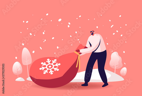 Male Character in Red Traditional Santa Claus Hat Pull Huge Sack with Gifts on Snowy Landscape Background. Winter Season