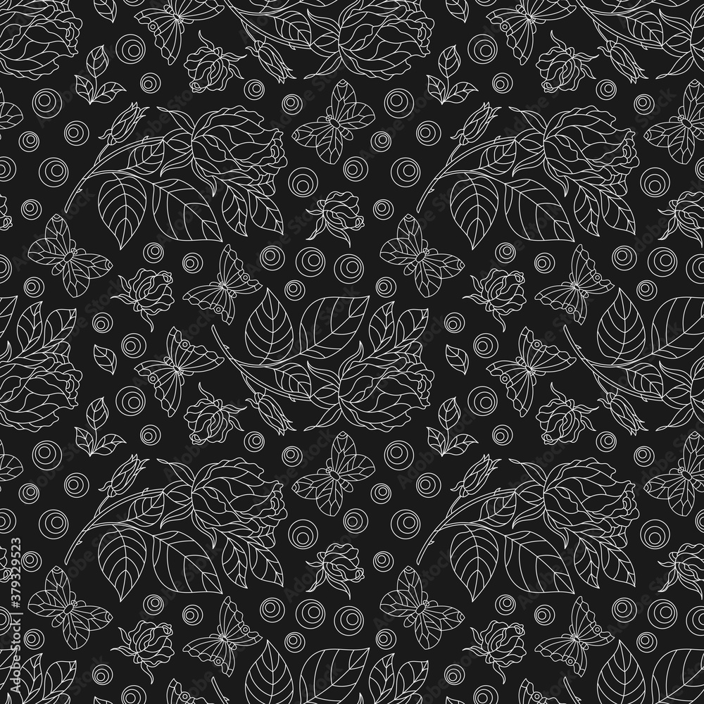Seamless pattern with rose flowers and butterflies, light contour flowers and insects on a dark background Seamless pattern with rose flowers and butterflies, light contour flowers and insects on a dark background