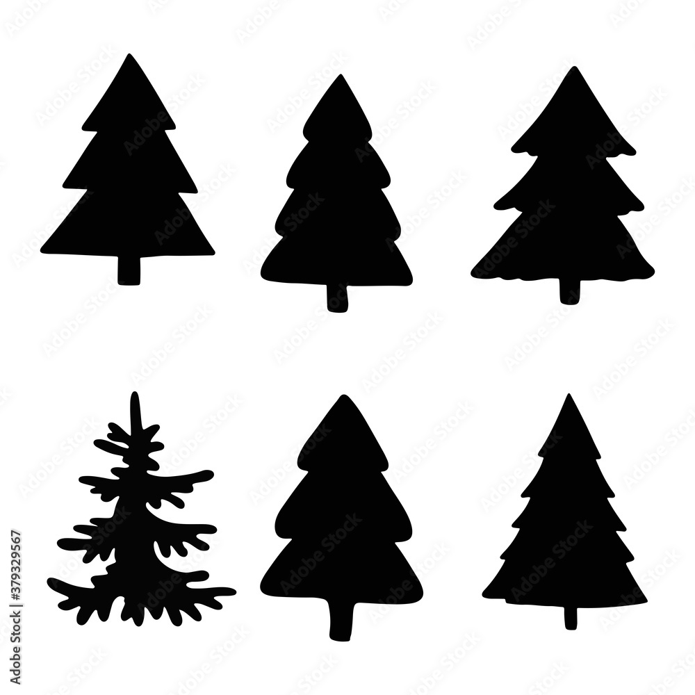 Obraz premium Isolated Pine on the white background.Pine silhouettes. Tree hand drawn.Vector EPS 10.