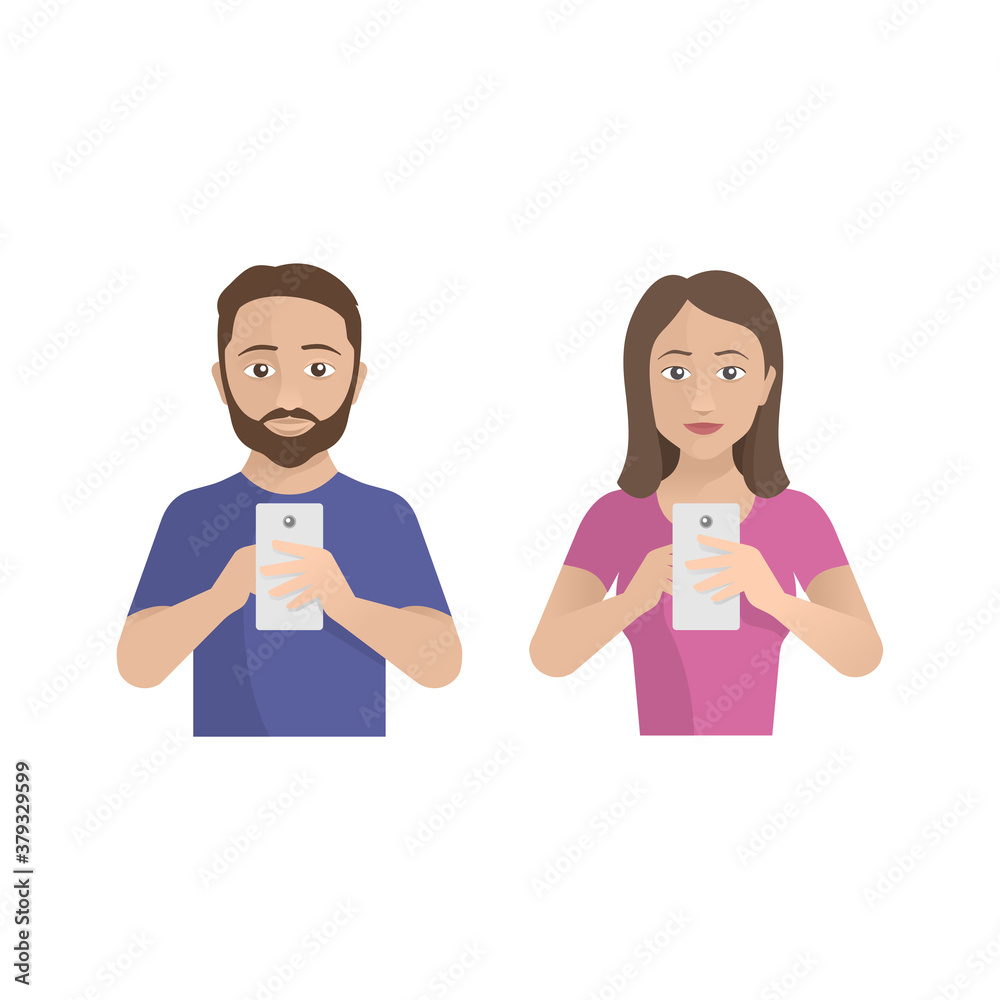 Man and woman holding phone - isolated vector illustration with couple portrait of male and female with smartphone in hands