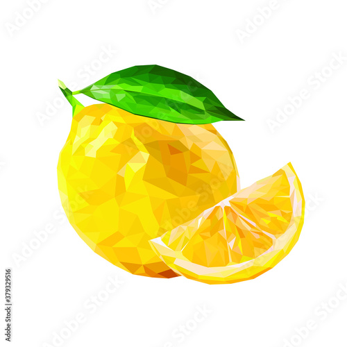 Polygonal lemon with a leaf and a slice. Low polygonal citrus lemon. Stock vector illustration