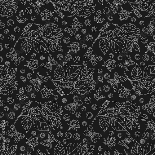 Seamless pattern with rose flowers and butterflies, light contour flowers and insects on a dark background © Zagory