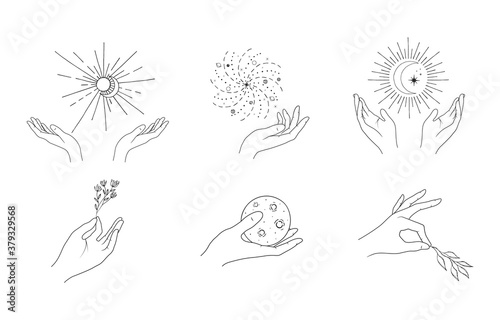 Set of lady hands with crescent moon, celestial sun, galaxy, branches. Astrology human arms with stars in boho style. Esoteric elements.