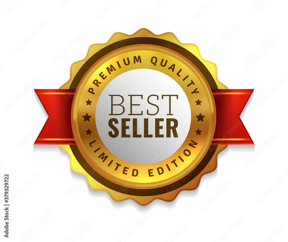 Best seller badge. Premium golden emblem, luxury genuine and highest quality product badge, gold sale offer, round promotion decoration element with red ribbon realistic vector illustration Best seller badge. Premium golden emblem, luxury genuine and highest quality product badge, gold sale offer, round promotion decoration element with red ribbon realistic vector illustration