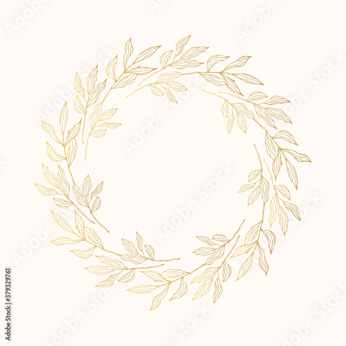 Hand drawn gold botanical frame. Rustic wedding border for invitation card. Vector isolated flourish golden wreath with floral branch and herbs. 