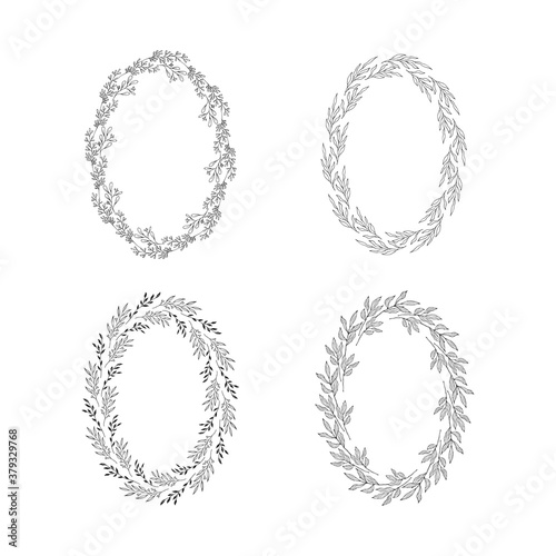 Set of vector isolated decoration oval flourish wreaths. Floral spring herb borders. Rustic branch and flower frames for wedding card.