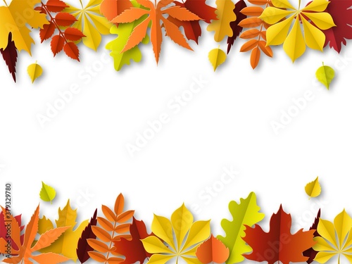 Fall leaves concept. Autumn border, paper cut frame of orange and red leaf. Thanksgiving foliage decoration. Seasonal botanical elements vector abstract background with copy space